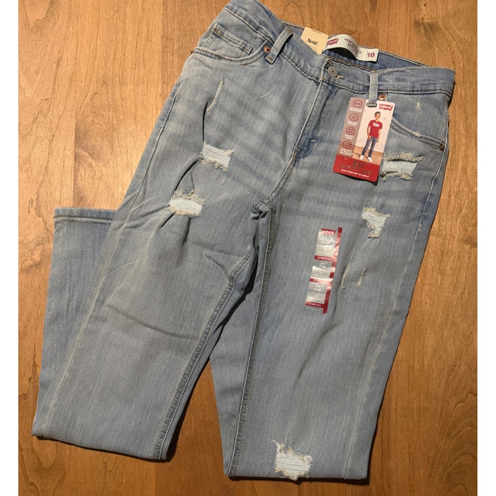 Levis 511 Slim Fit Boys Jeans Size 18 Light Wash Distressed Performance Denim